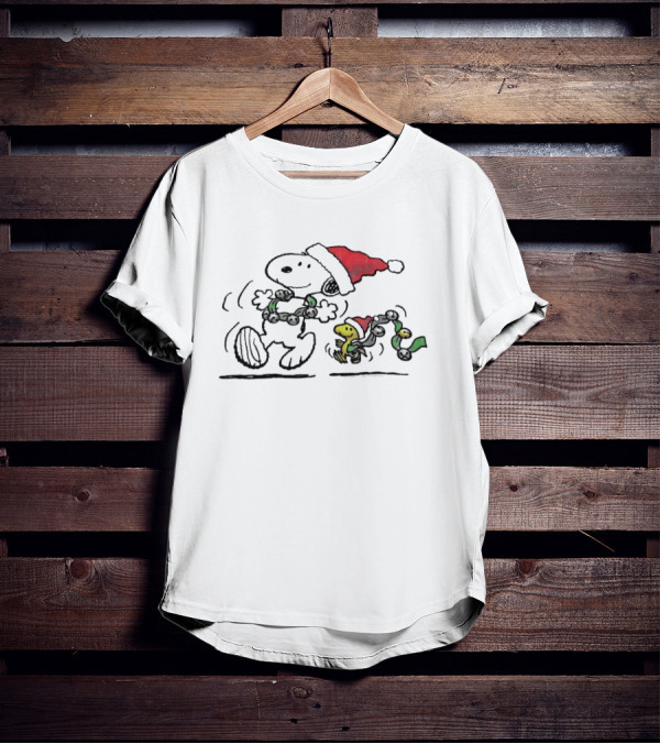 Snoopy And Woodstock Dancing In Santa Hats Christmas T-Shirt
