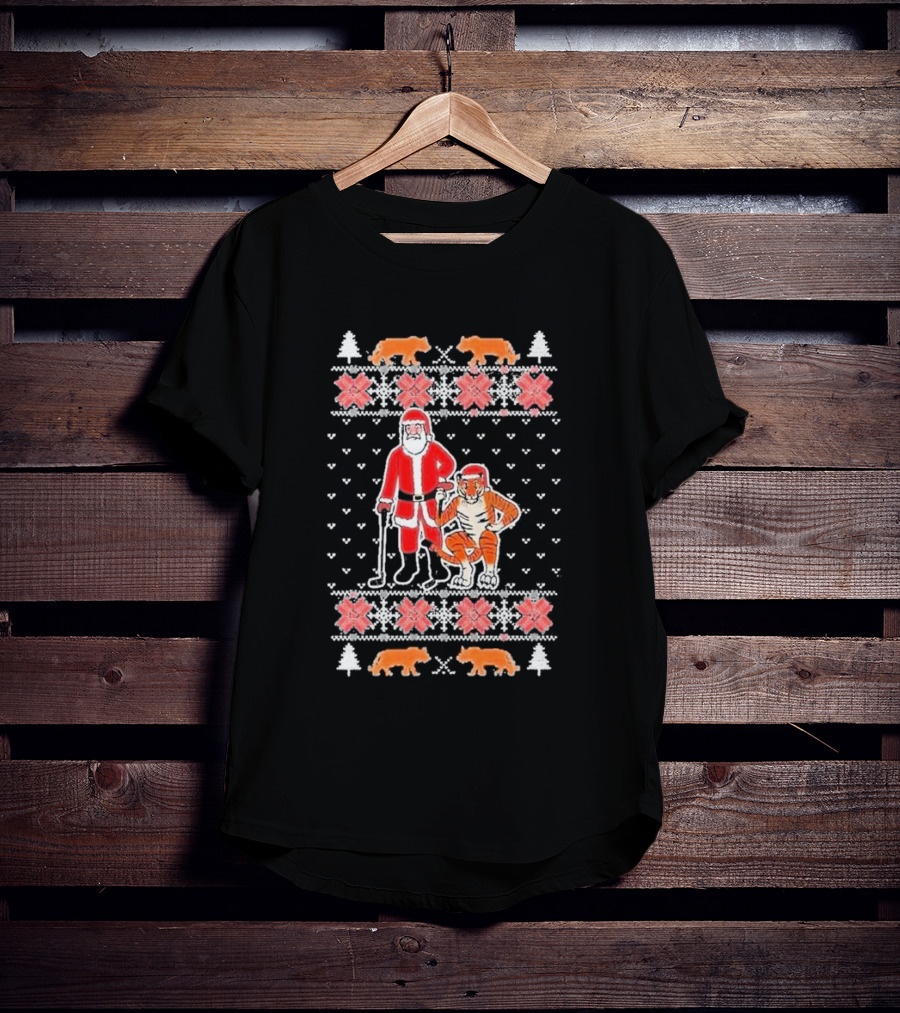 Golf Santa Tiger Vision Ugly Christmas T-Shirt