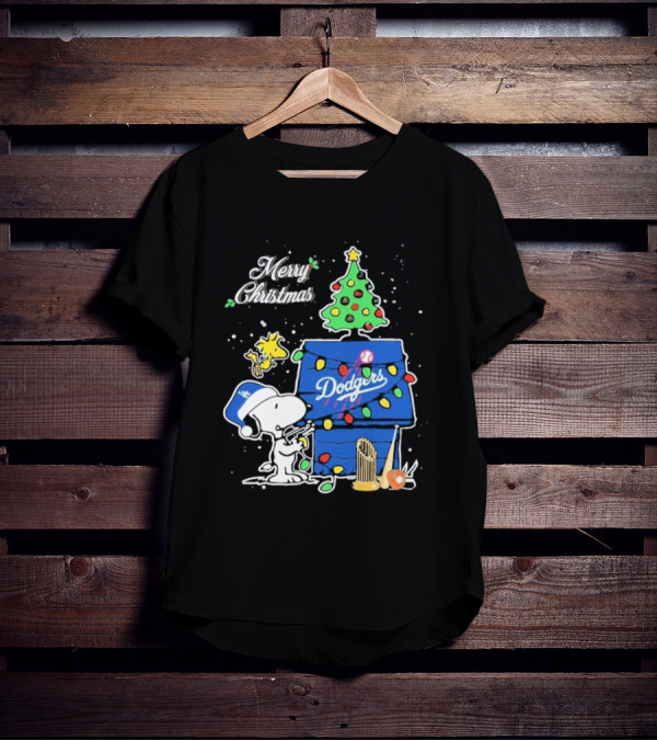 Merry Christmas Snoopy Los Angeles Dodgers Tree Lights Woodstock T-Shirt