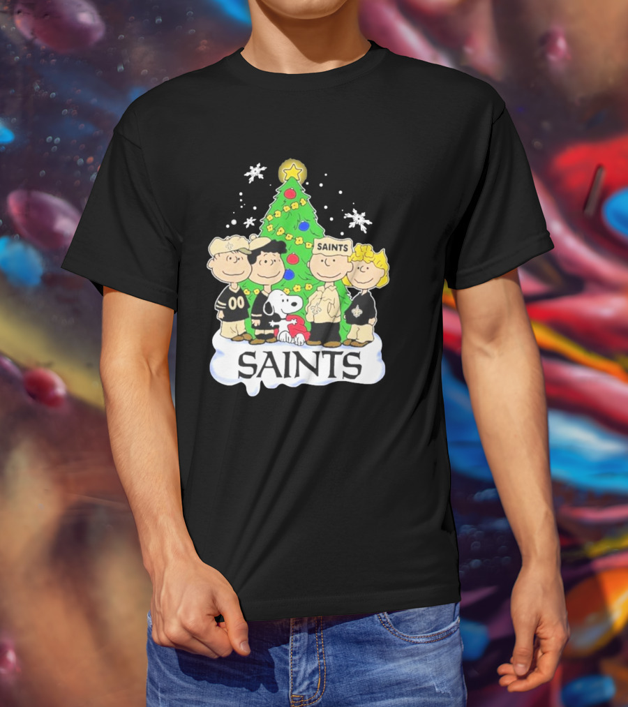 New Orleans Saints Snoopy Christmas Tree Peanuts Characters Snowflakes T-Shirt