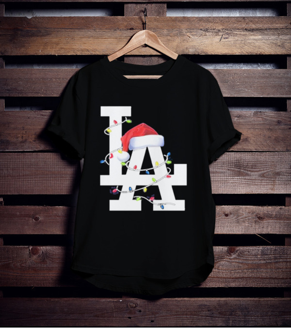 Los Angeles LA Merry Christmas Santa Hat Lights Holiday 2D T-Shirt