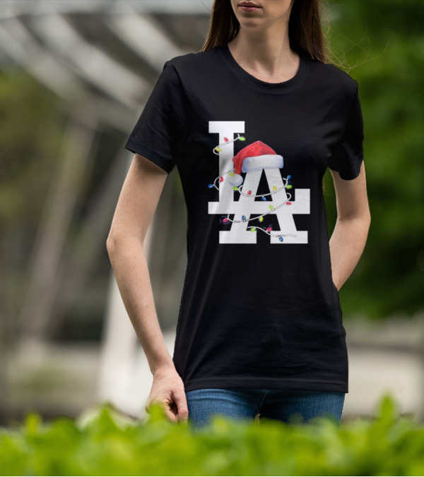 Los Angeles LA Merry Christmas Santa Hat Lights Holiday 2D T-Shirt