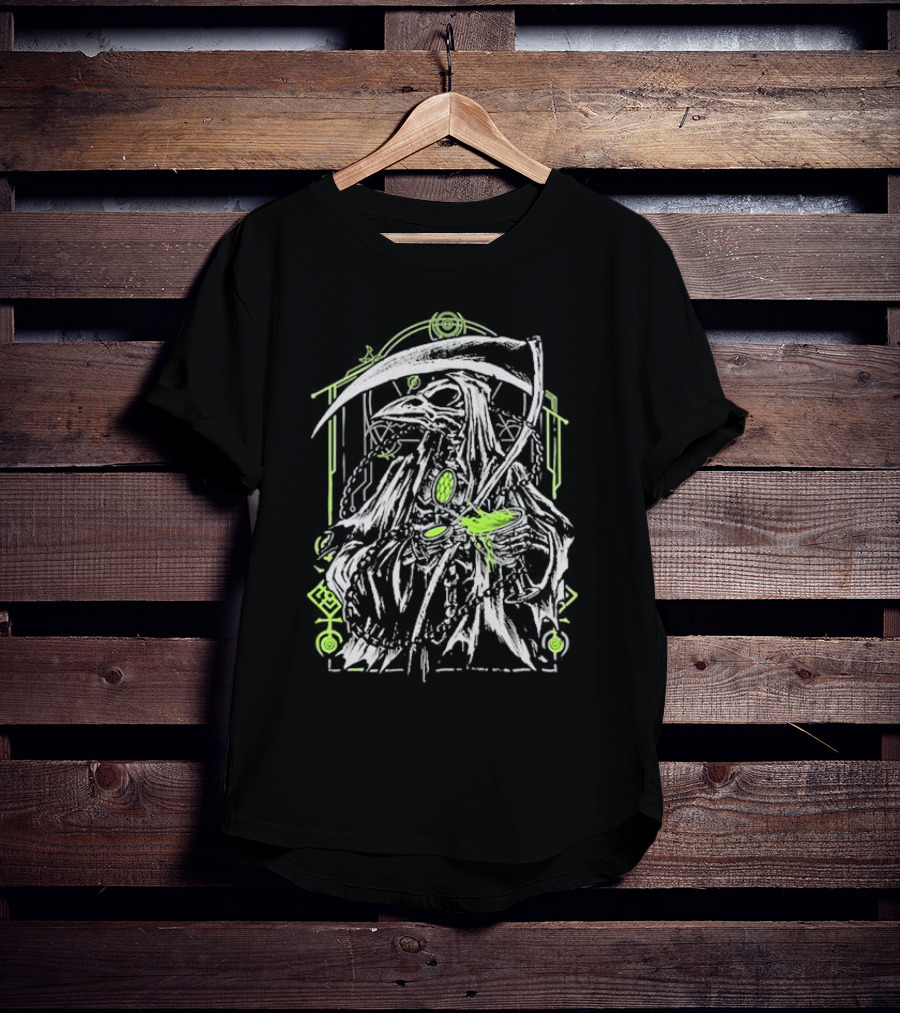 Xavleg Plague Reaper Death Raven In Green And White With Scythe And Potion T-Shirt