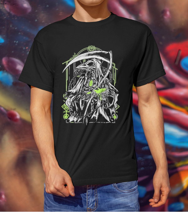 Xavleg Plague Reaper Death Raven In Green And White With Scythe And Potion T-Shirt
