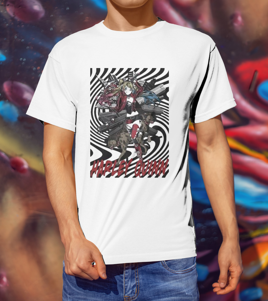 HARLEY QUINN Black And White Spiral With Hyenas T-Shirt