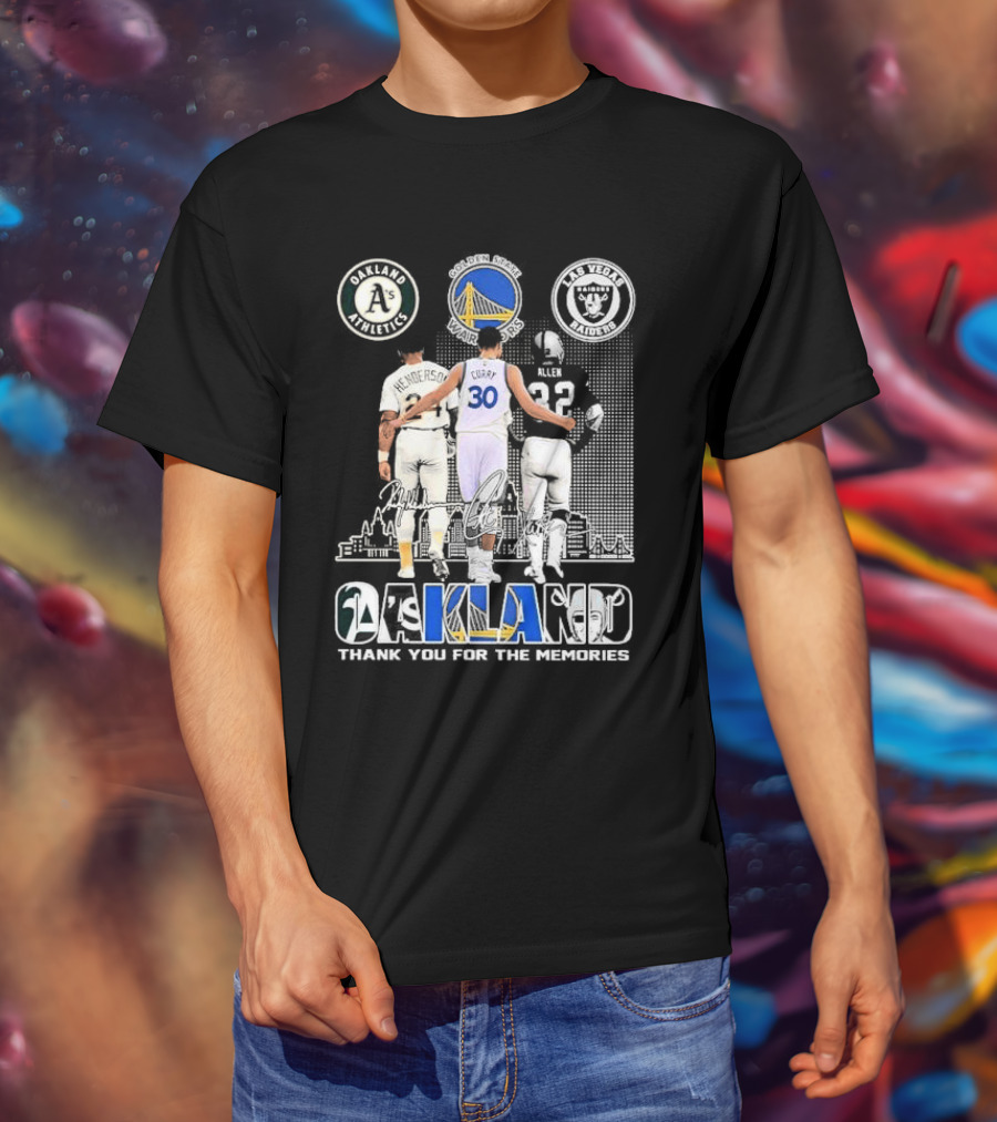Oakland Athletics Warriors Raiders Henderson Curry Allen Thank You For The Memories T-Shirt