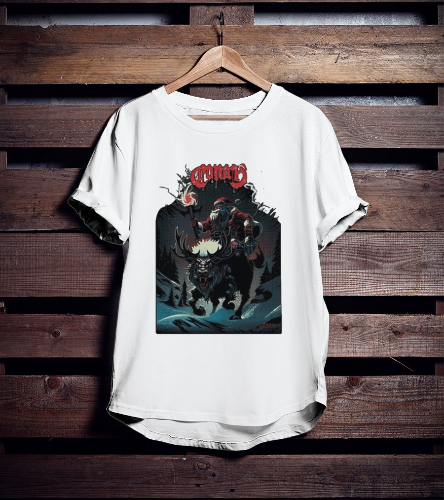 Conan Merry Chrushmas Santa Riding Mythical Beast Torch Dark Forest Scene T-Shirt