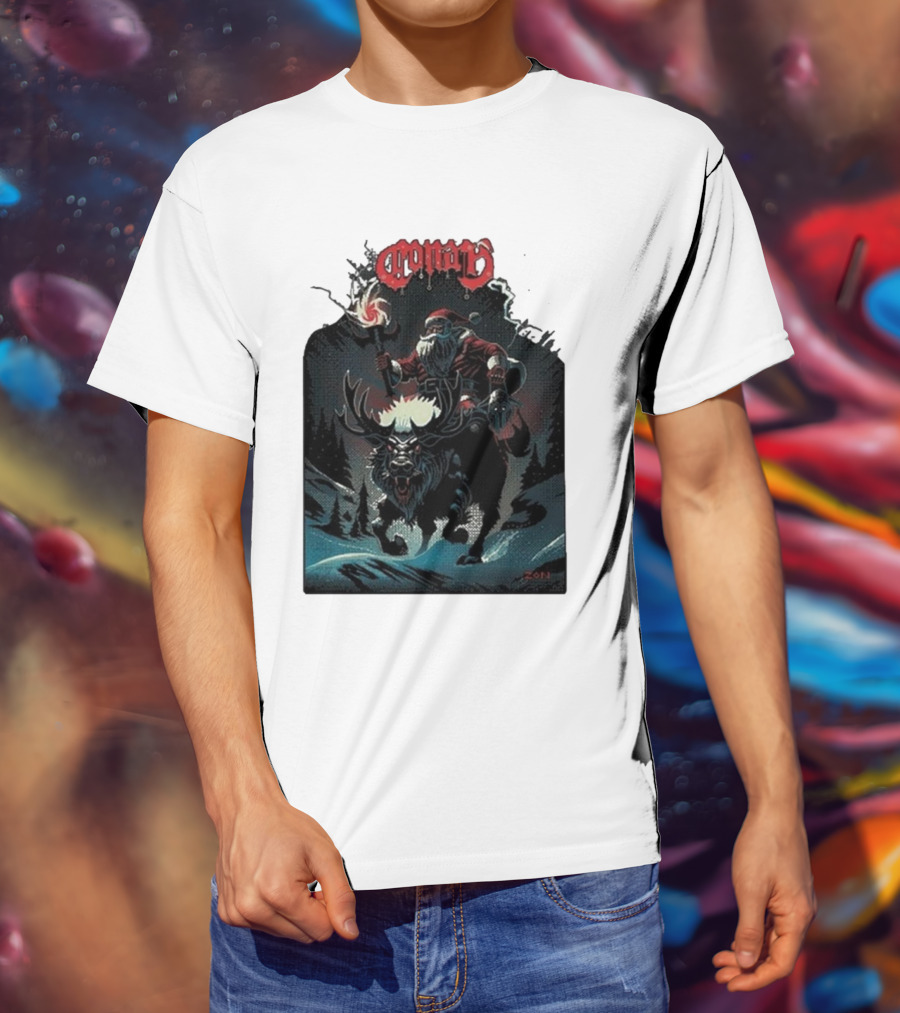 Conan Merry Chrushmas Santa Riding Mythical Beast Torch Dark Forest Scene T-Shirt