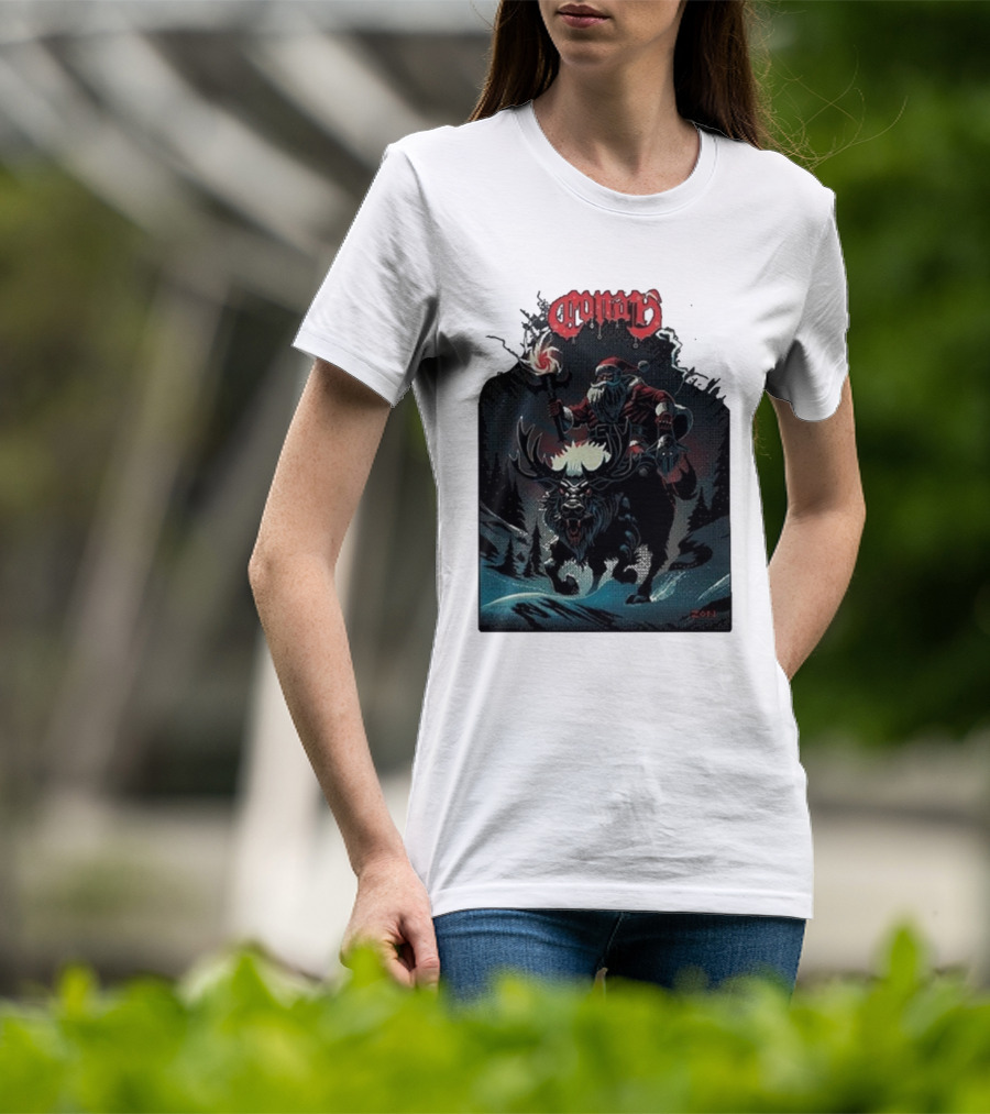 Conan Merry Chrushmas Santa Riding Mythical Beast Torch Dark Forest Scene T-Shirt