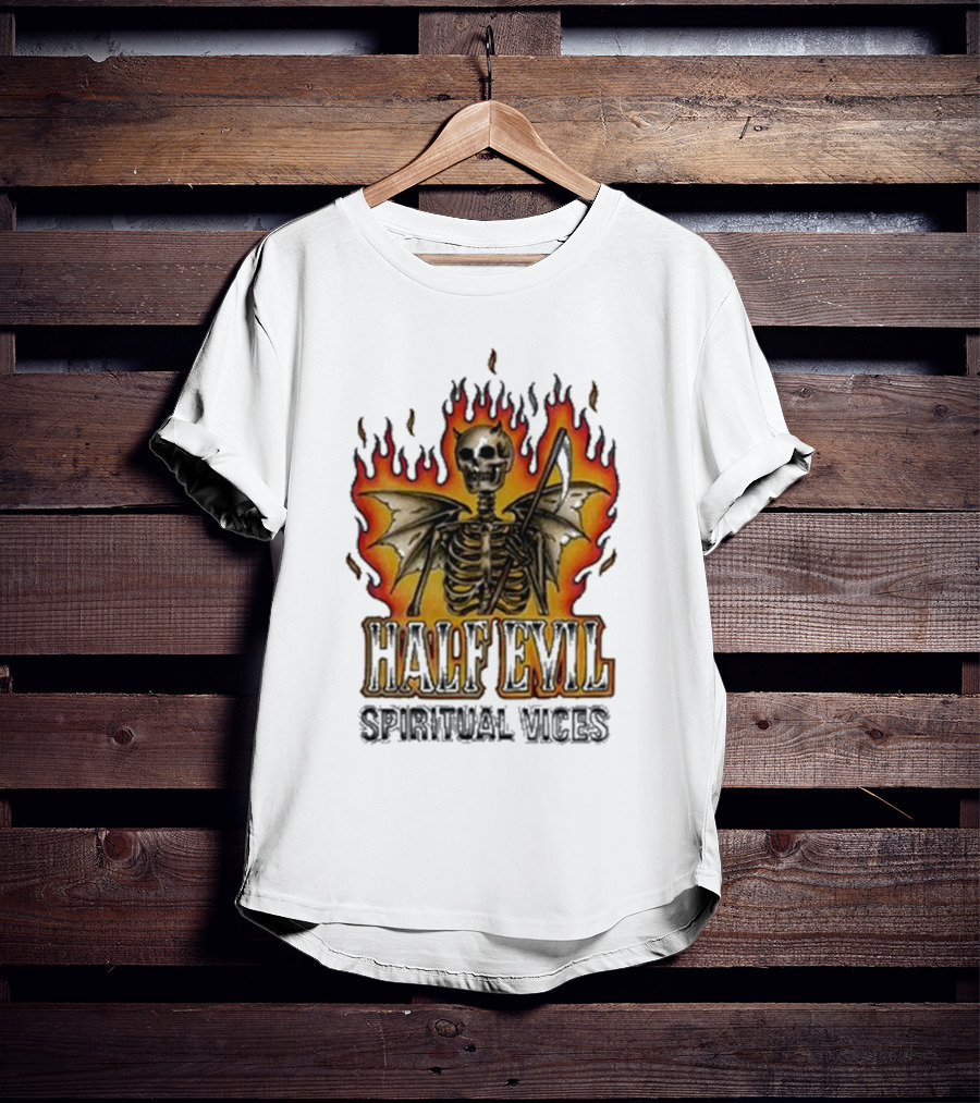 Half Evil Spiritual Vices Flaming Winged Skeleton T-Shirt