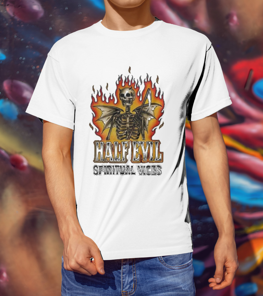 Half Evil Spiritual Vices Flaming Winged Skeleton T-Shirt