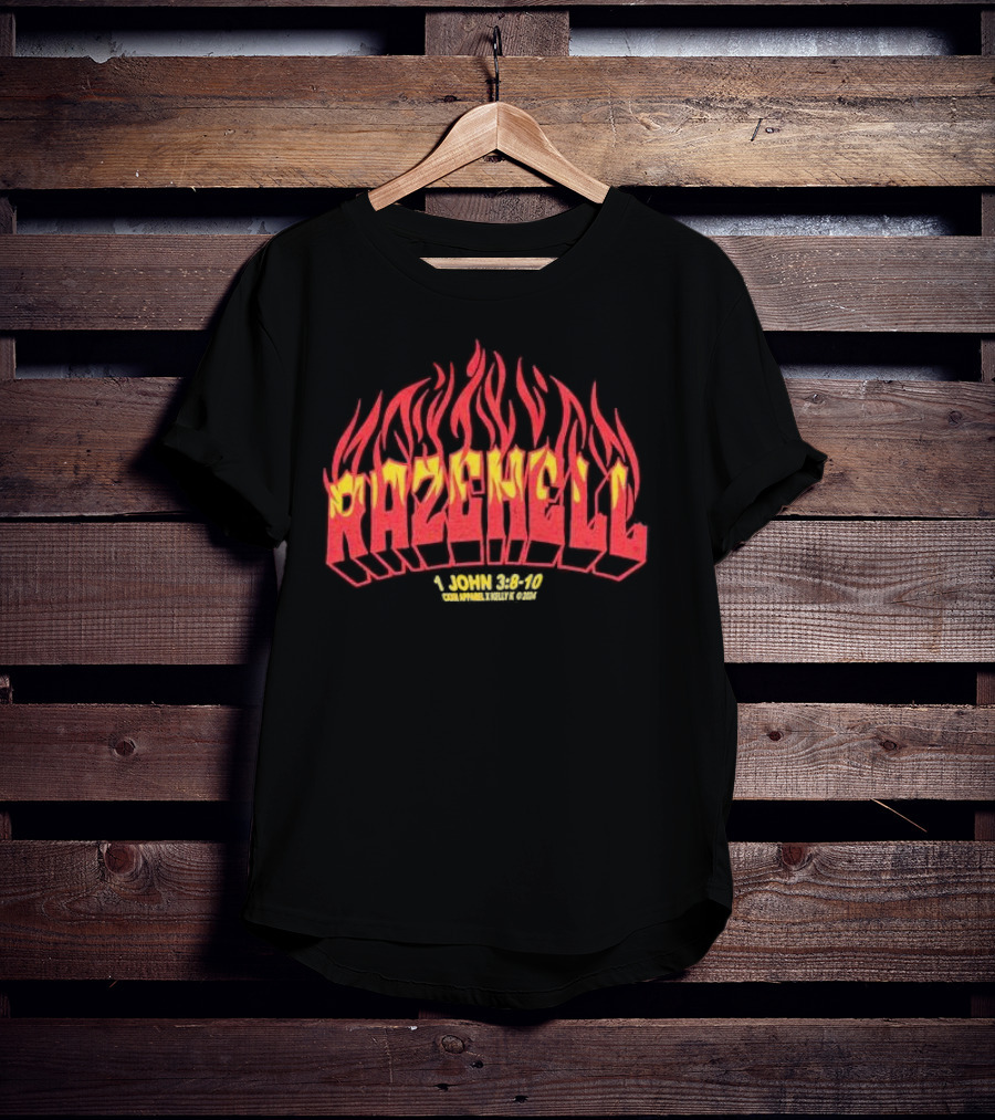 RAZEHELL CXXII X KellyK 1 John 3:8-10 Flame Design Black T-Shirt