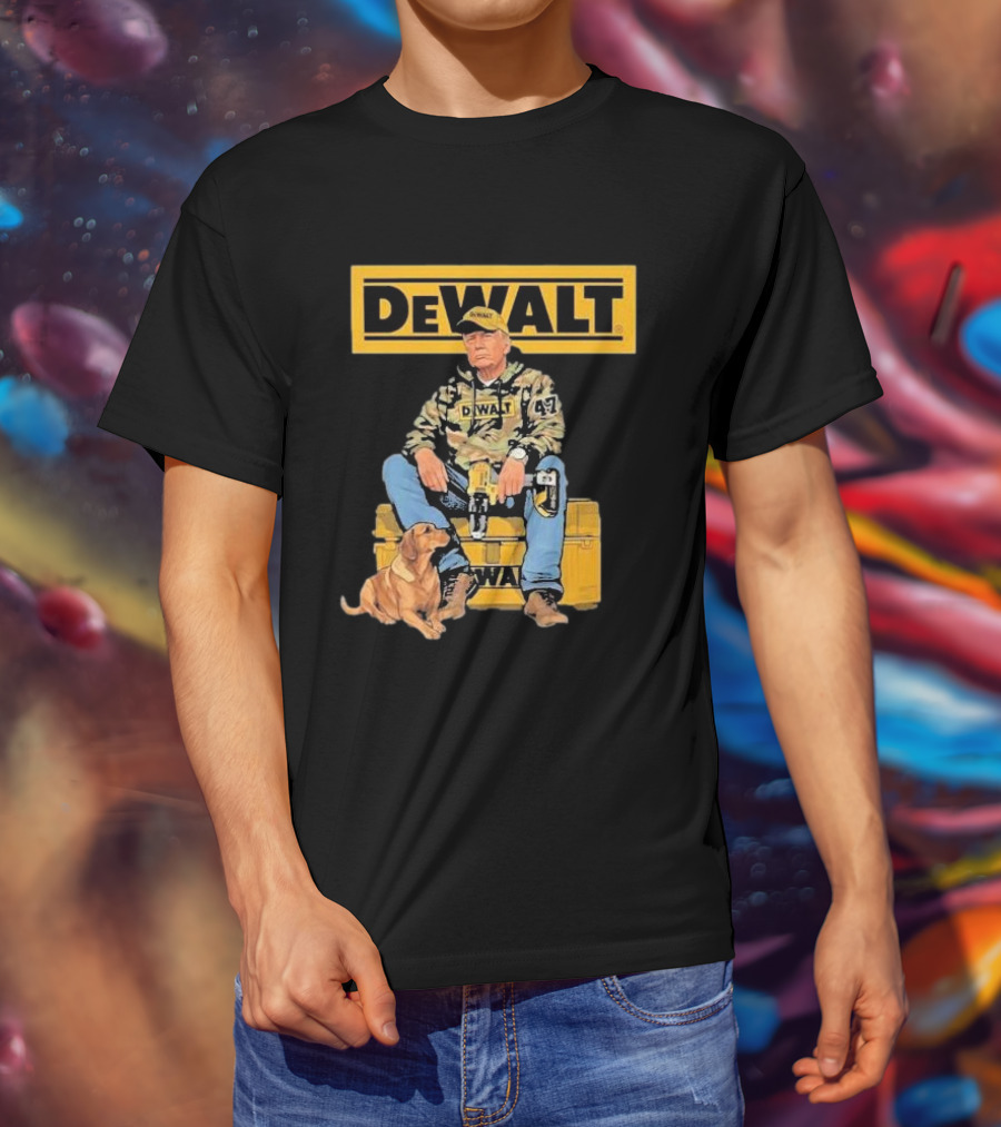DEWALT Toolbox Camouflage Jacket 47 Sitting On Toolbox With Dog T-Shirt