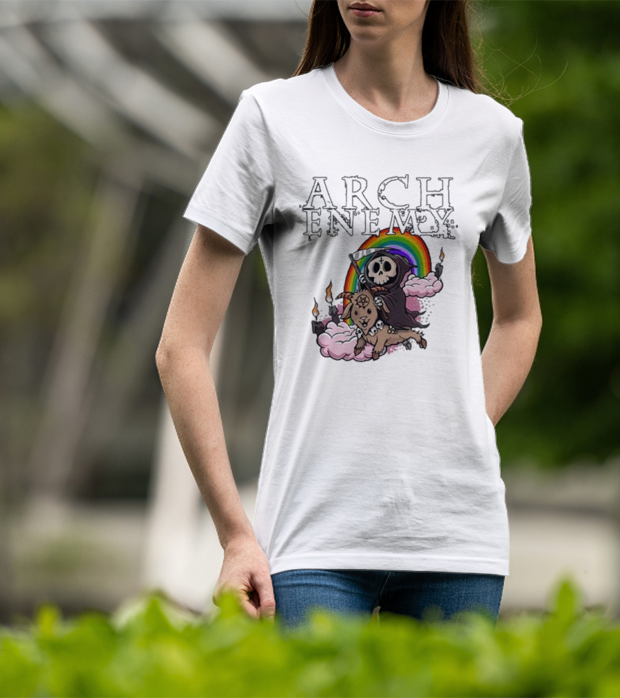 Arch Enemy Rainbow Reaper On Goat With Candles And Clouds T-Shirt