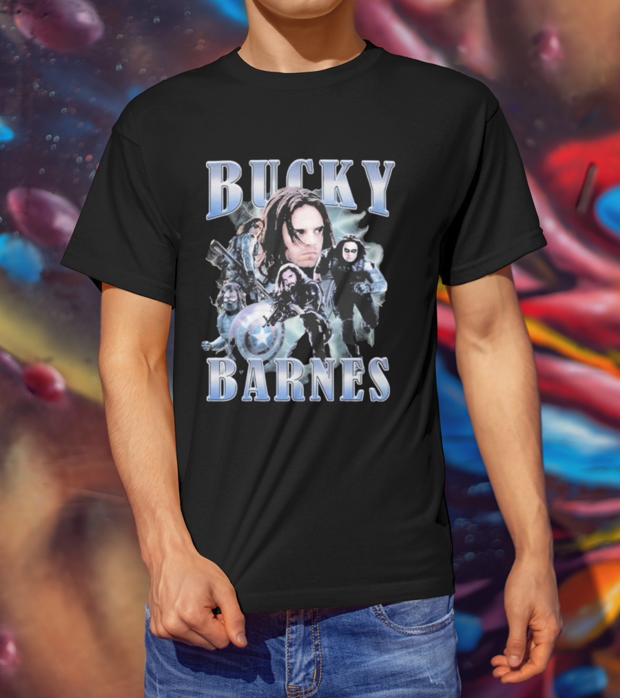 Bucky Barnes Winter Soldier Collage With Shield T-Shirt