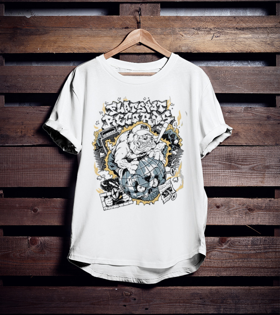 Flatspot Records Bulldog Globe Graffiti Style White T-Shirt