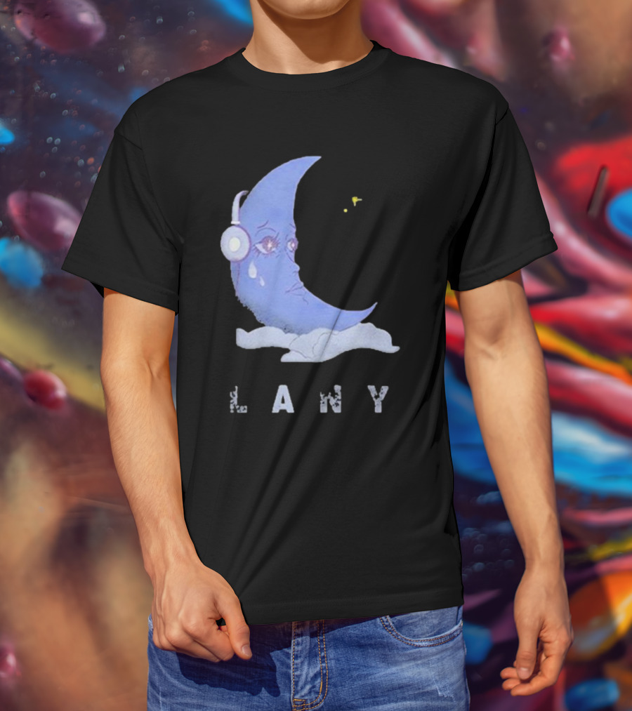 Lany Moon Crying Blue Crescent With Headphones And Clouds T-Shirt