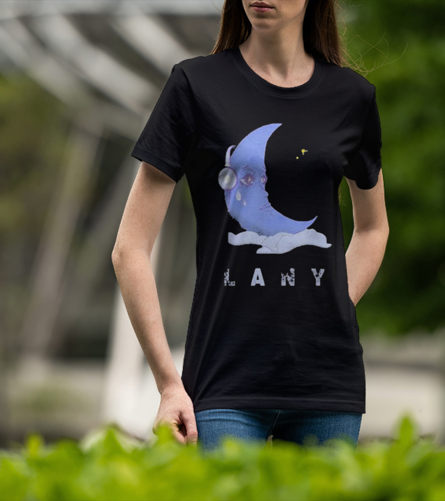 Lany Moon Crying Blue Crescent With Headphones And Clouds T-Shirt