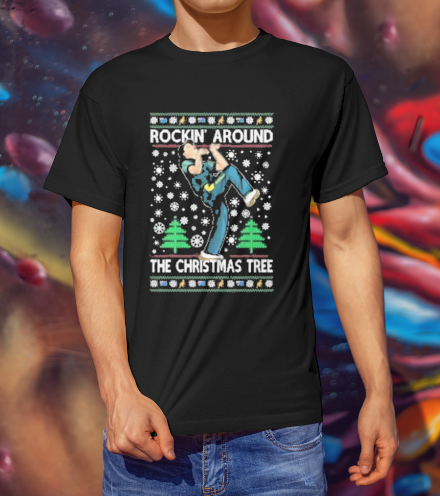 Rockin' Around The Christmas Tree Ugly Christmas Sweater With Dancing Figure And Snowflakes T-Shirt