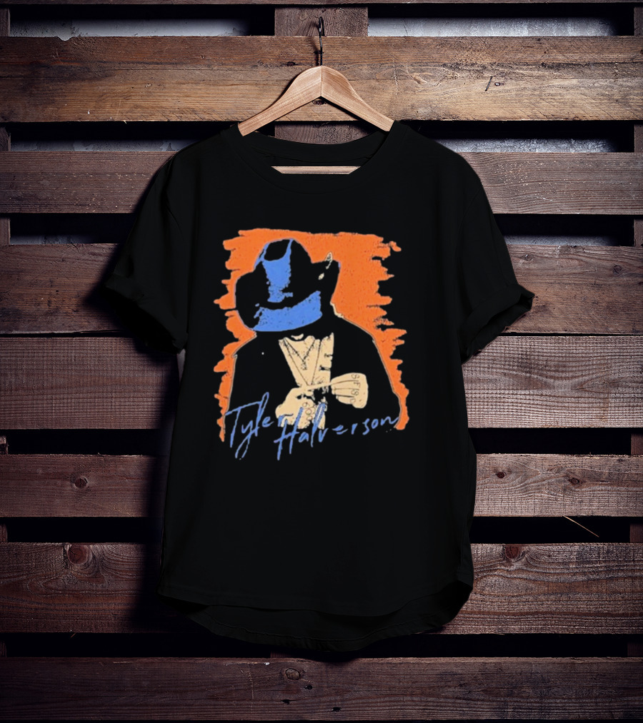 Tyler Halverson Cowboy Hat Blue Bandana Orange Background T-Shirt