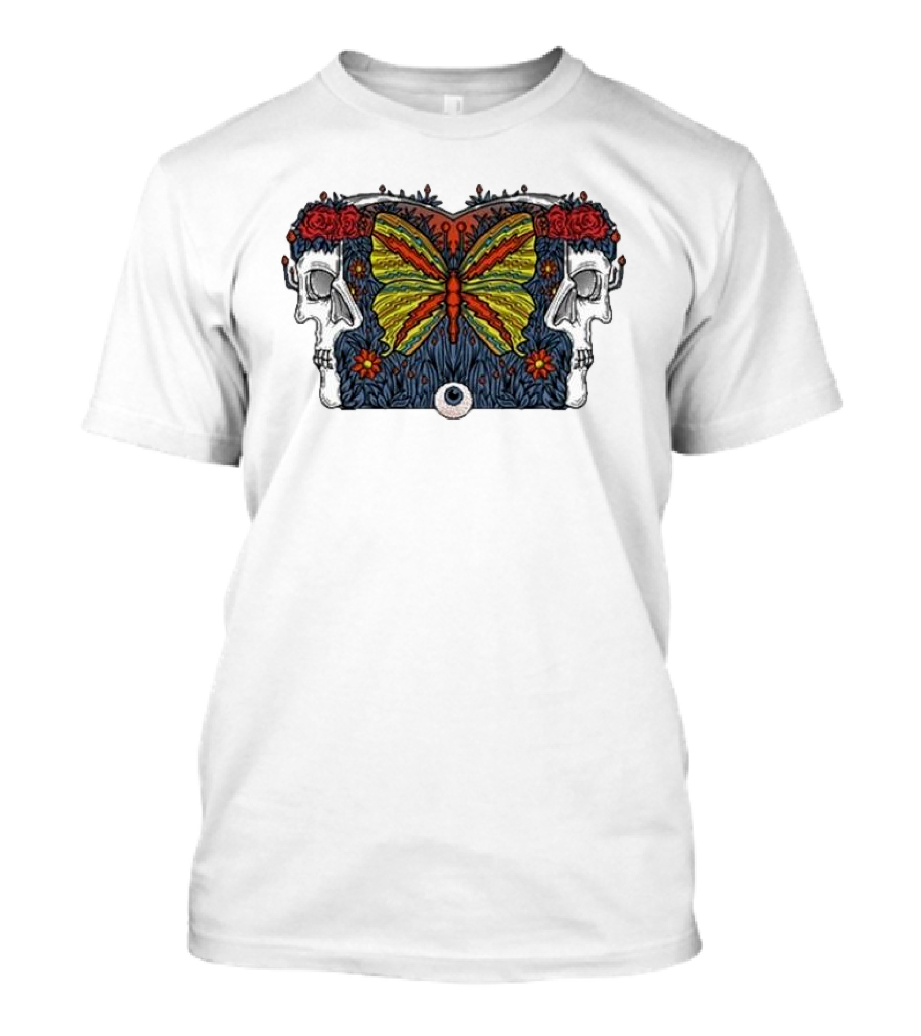 This Old Engine Two Worlds Skull And Butterfly Symmetry With Roses And Floral Elements T-Shirt