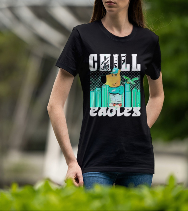 Philadelphia Eagles Chill Character With City Skyline And Cartoon Bird T-Shirt
