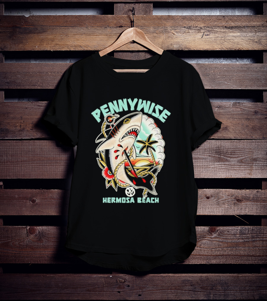 Pennywise Shark Hermosa Beach Sunset Palm Tattoo T-Shirt