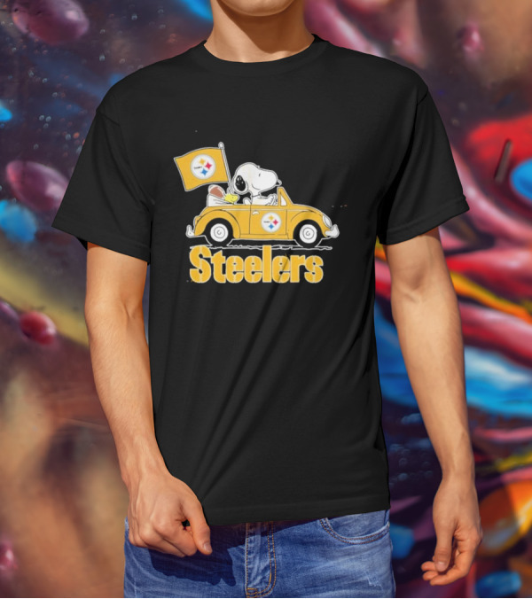 Pittsburgh Steelers Snoopy Driving Car With Flag T-Shirt