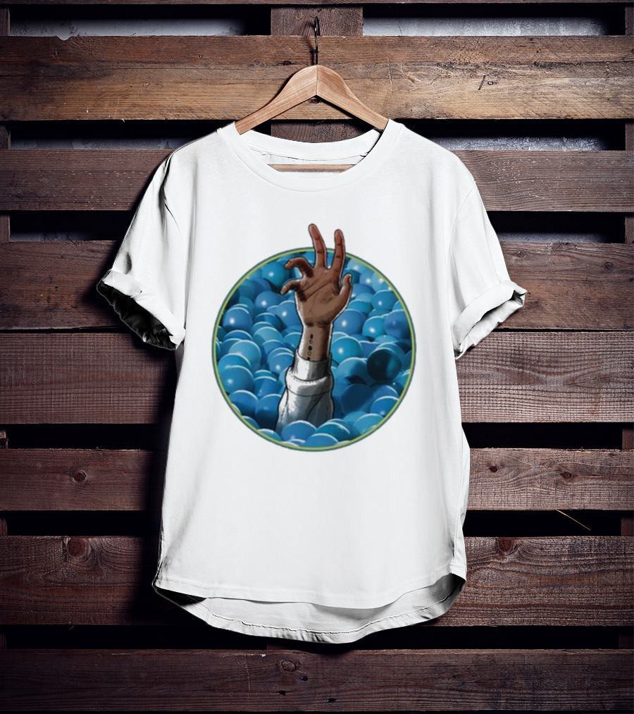 Hand Reaching Out Of Blue Ballpit Sphere T-Shirt