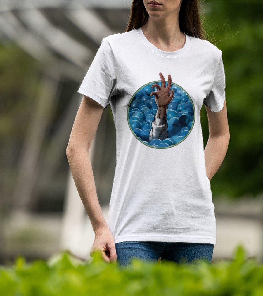 Hand Reaching Out Of Blue Ballpit Sphere T-Shirt