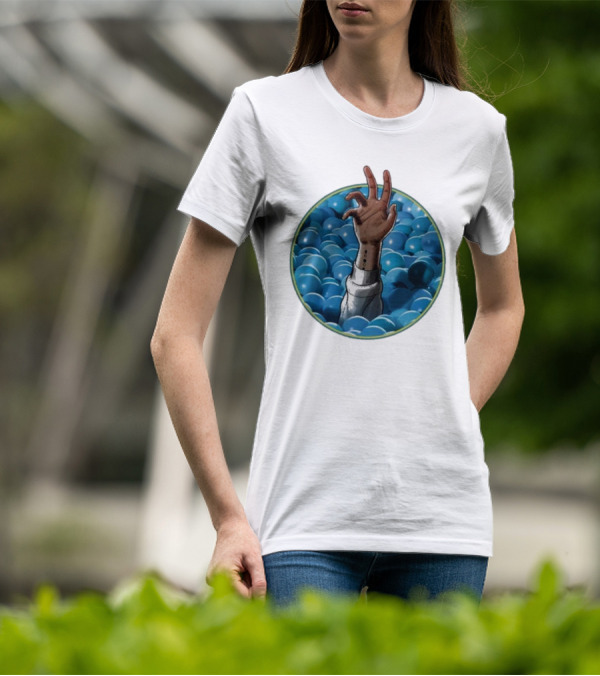 Hand Reaching Out Of Blue Ballpit Sphere T-Shirt