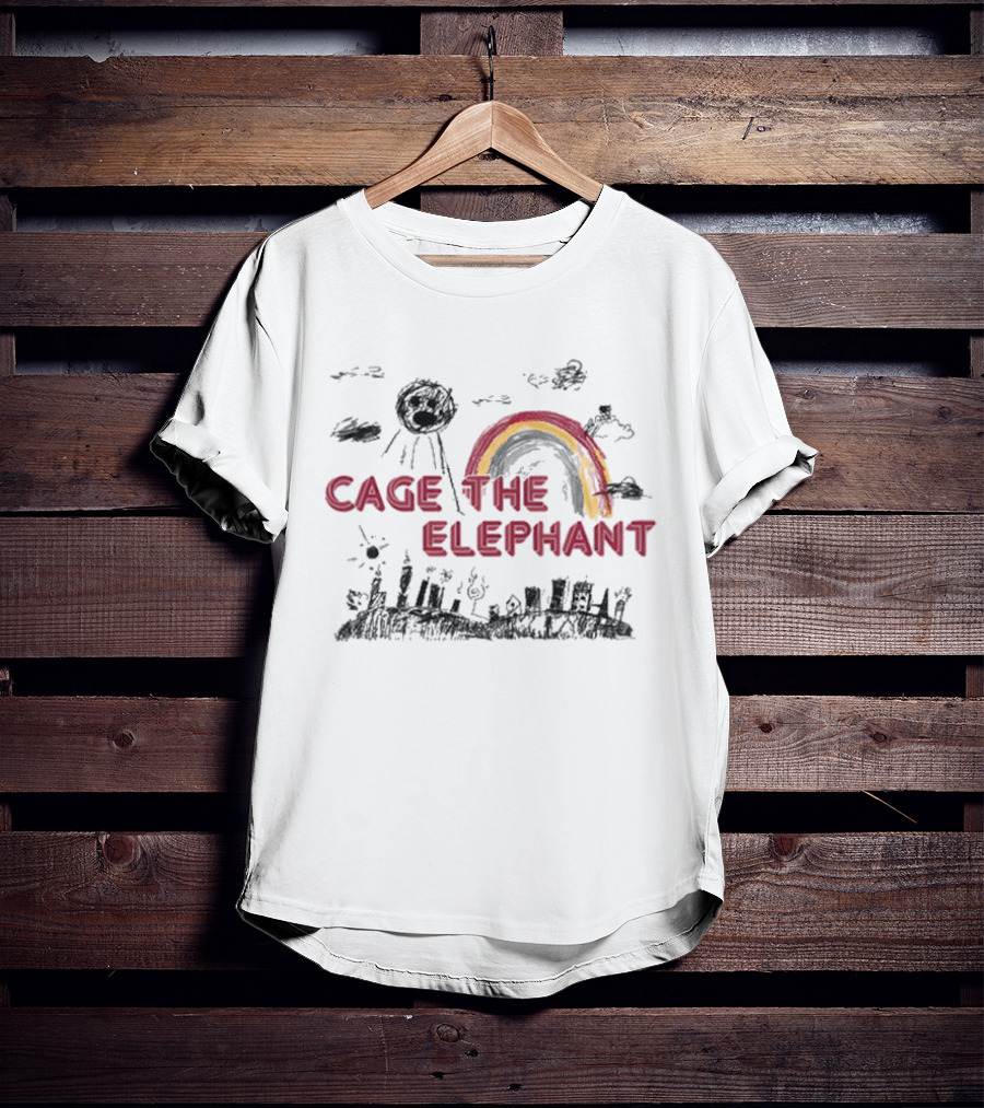 Cage The Elephant Rainbow Doodle With Scribbled Skyline And Clouds T-Shirt
