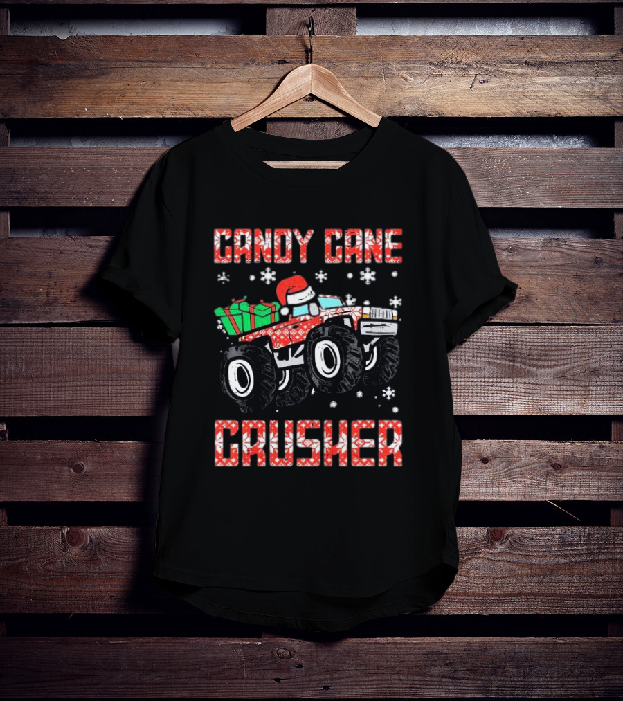 Candy Cane Crusher Christmas Monster Truck Toddler Boys Snowflakes Santa Present T-Shirt