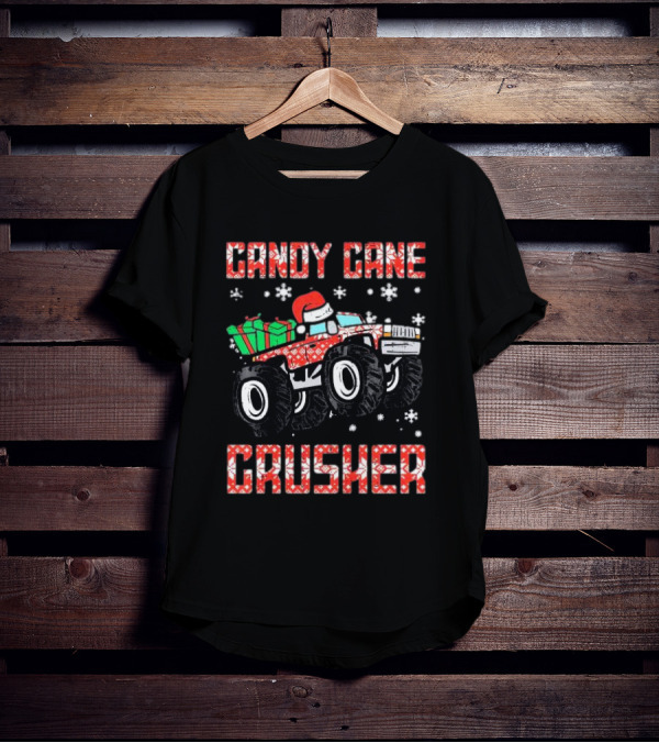 Candy Cane Crusher Christmas Monster Truck Toddler Boys Snowflakes Santa Present T-Shirt