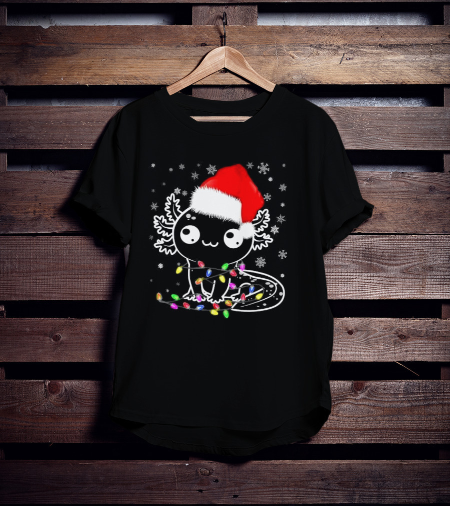 Santa Hat Axolotl Wrapped In Colorful Christmas Lights And Falling Snowflakes T-Shirt