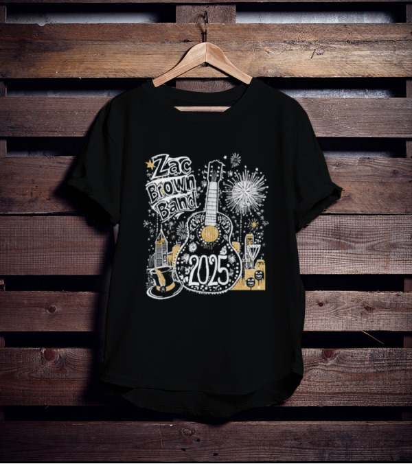 Zac Brown Band 2025 New Year's Eve Fireworks Guitar Atlanta Skyline T-Shirt