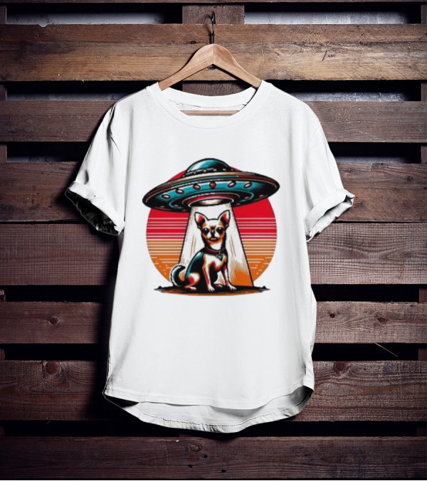 UFO Chihuahua Funny Alien Encounter Retro Sunset T-Shirt