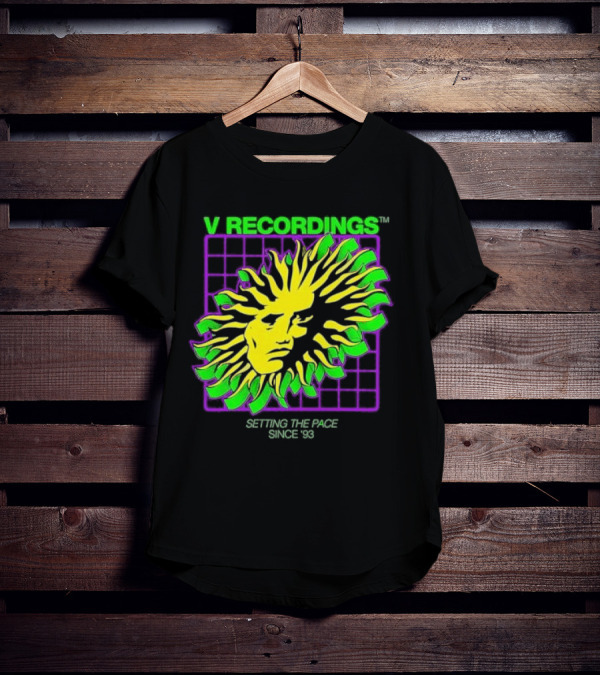 V Recordings Setting The Pace Since 93 Sunburst Face Retro Grid T-Shirt