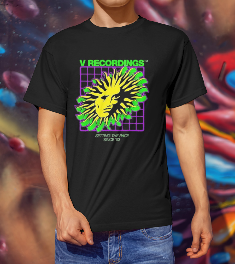 V Recordings Setting The Pace Since 93 Sunburst Face Retro Grid T-Shirt