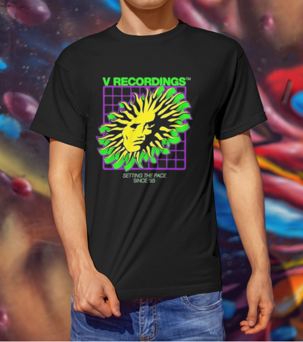 V Recordings Setting The Pace Since 93 Sunburst Face Retro Grid T-Shirt