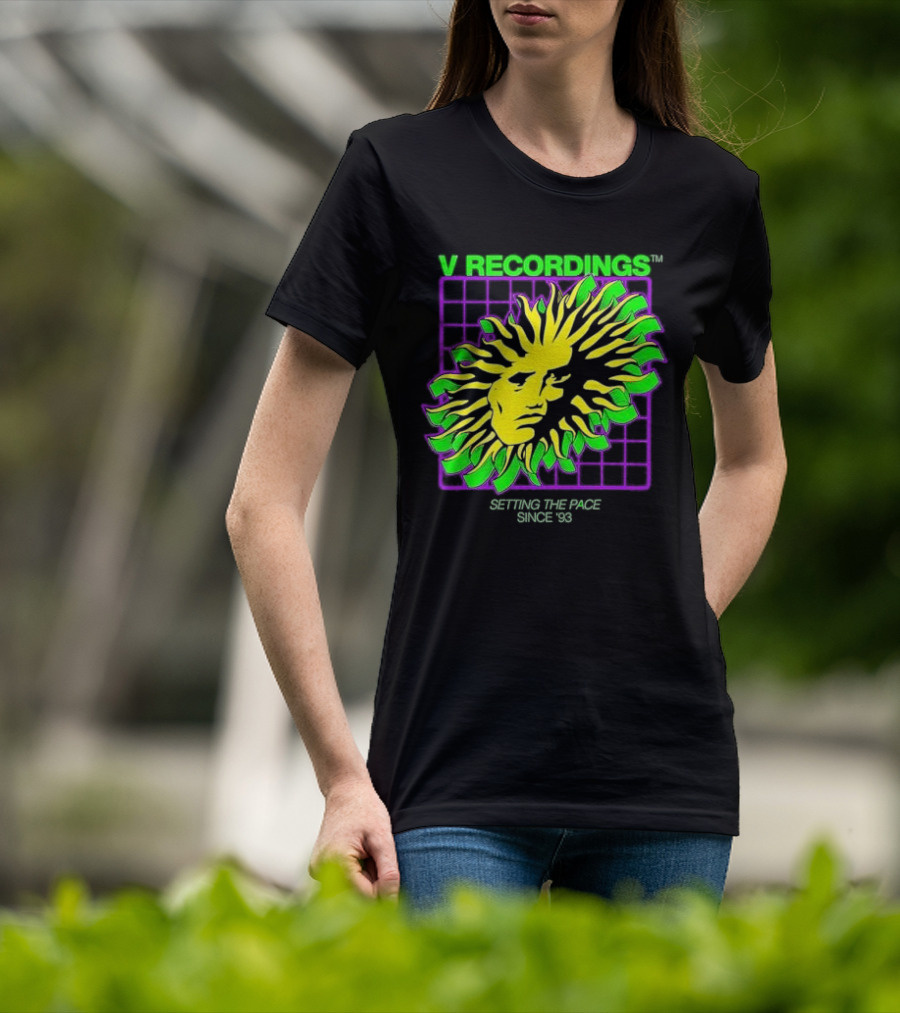 V Recordings Setting The Pace Since 93 Sunburst Face Retro Grid T-Shirt