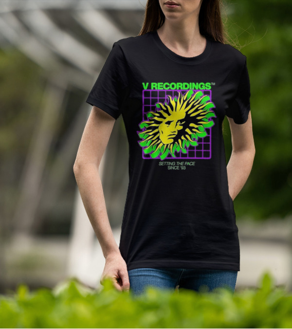 V Recordings Setting The Pace Since 93 Sunburst Face Retro Grid T-Shirt