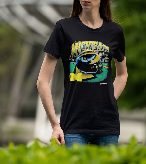 Michigan Wolverines Vintage Arch Shiny Football Helmet NCAA T-Shirt
