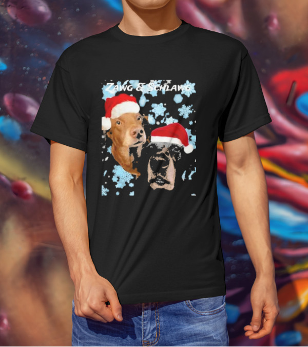 Zawg And Schlawg Christmas Dogs With Santa Hats And Snowflakes T-Shirt