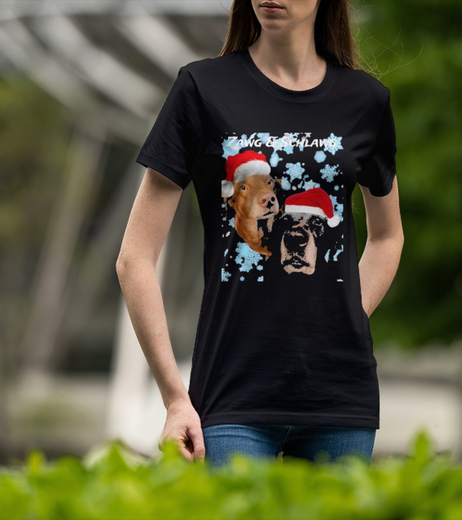 Zawg And Schlawg Christmas Dogs With Santa Hats And Snowflakes T-Shirt