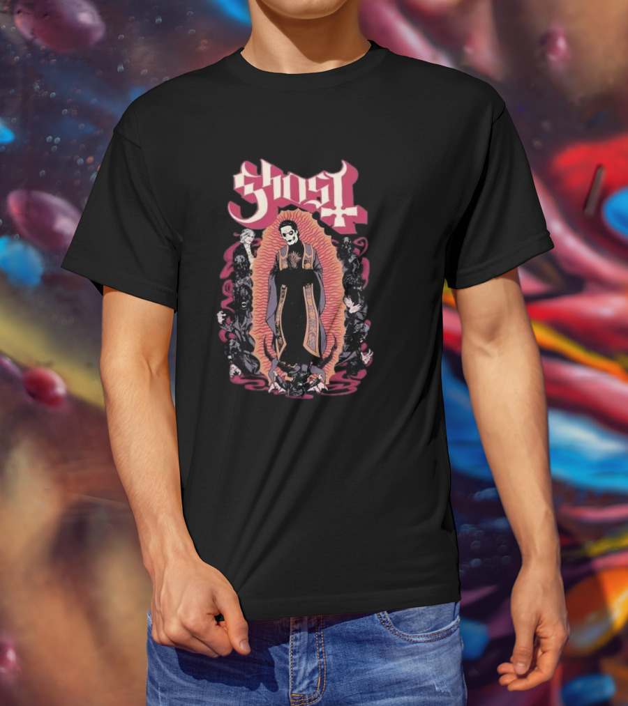Ghost Ritual Skull Priest With Red Halo And Surrounding Figures T-Shirt