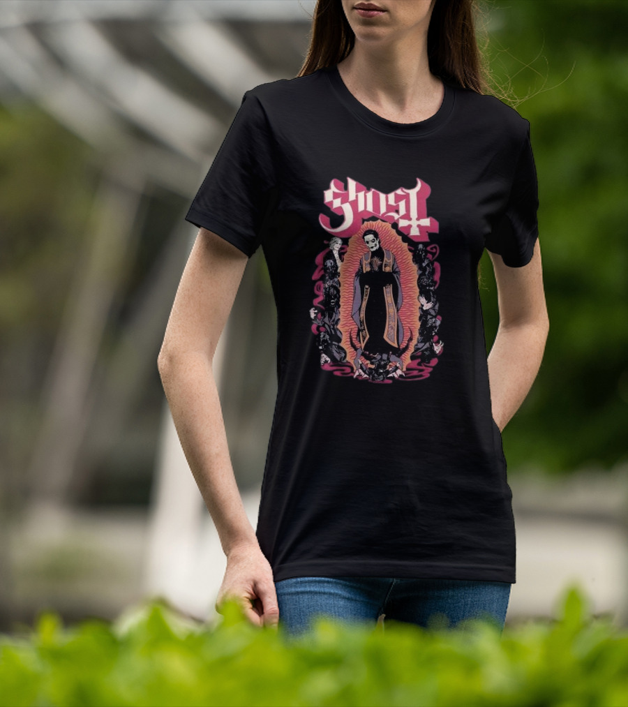 Ghost Ritual Skull Priest With Red Halo And Surrounding Figures T-Shirt