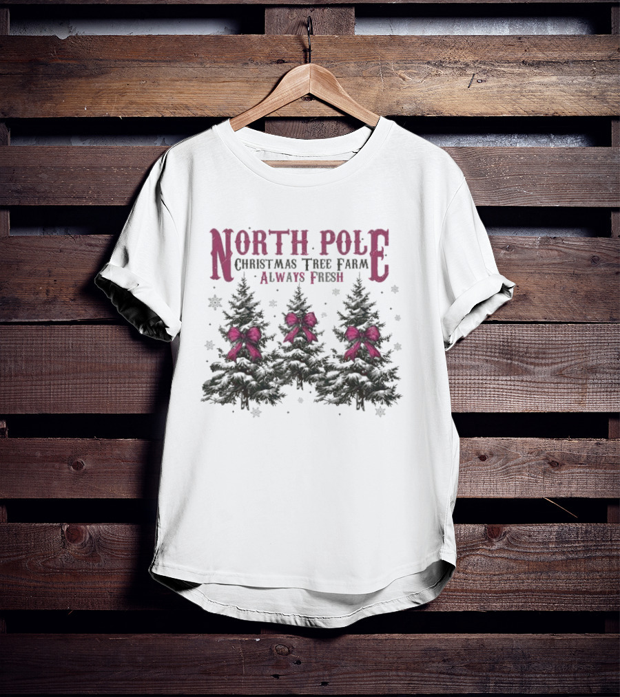North Pole Christmas Tree Farm Always Fresh Snowy Trees With Red Bows T-Shirt