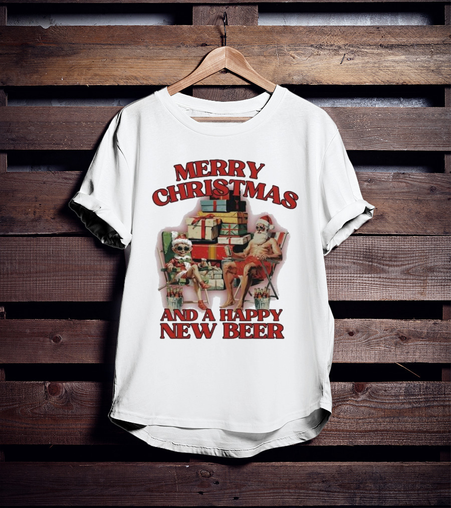Merry Christmas And A Happy New Beer Skeleton Santa And Elf With Gifts T-Shirt