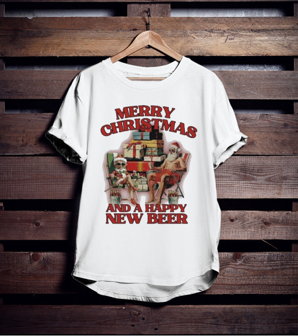 Merry Christmas And A Happy New Beer Skeleton Santa And Elf With Gifts T-Shirt